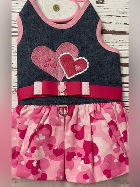 Denim & Pink Heart Dog Dress with Bow.
Medium